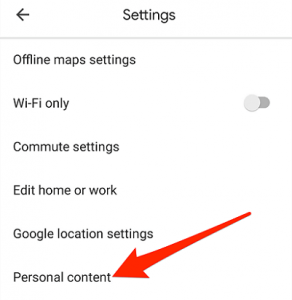 Turning off Google location history on iPhone- click on personal content