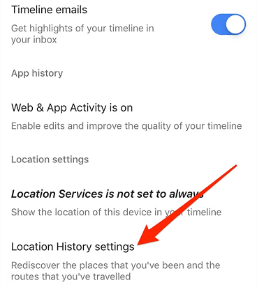 Turning off Google location history on iPhone- click on location history setting