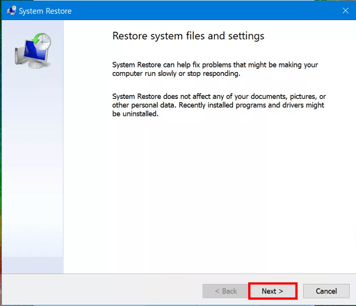 Click on next button of system restore