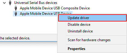 Apple Mobile Device USB Device and select Update driver