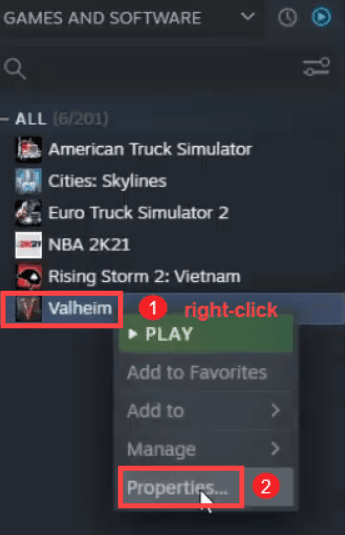 Perform verification of the integrity of game files- Valheim Properties