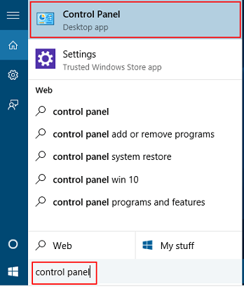 Search control panel in windows search