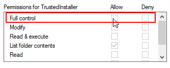 full control permission for trustedinstaller