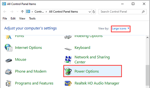 Change the view contol panel and choose Power Options
