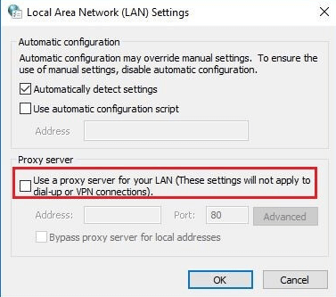 uncheck the Use a proxy server for your LAN box