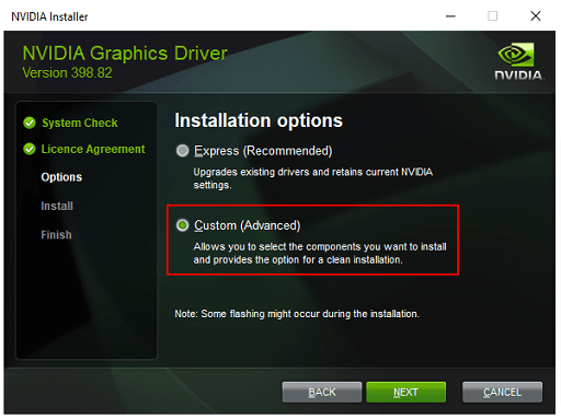 NVIDIA graphics driver-choose custom and then next