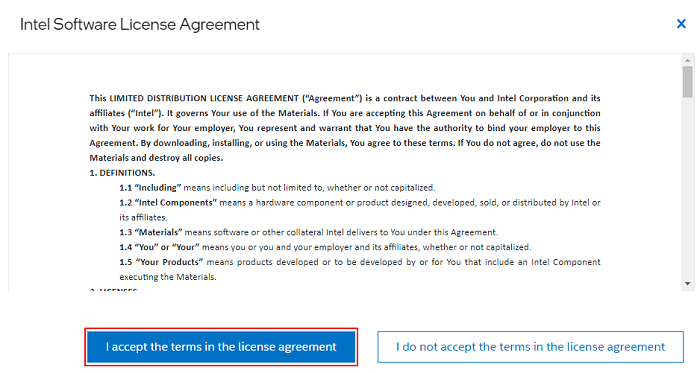 Intel Software License Agreement - I agree
