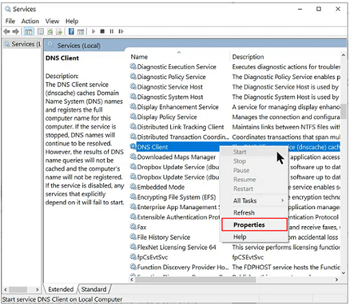 Select Properties from the DNS client’s context menu