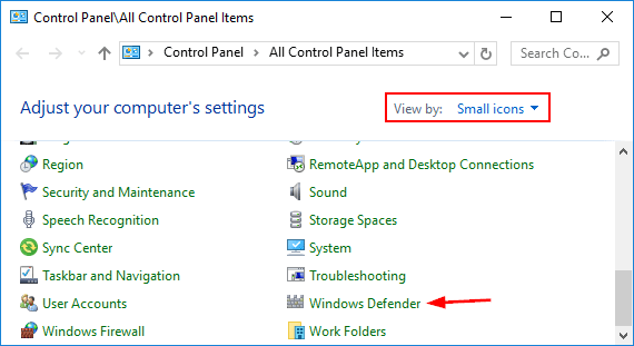 Change the view to Small icons and select Windows Defender Firewall