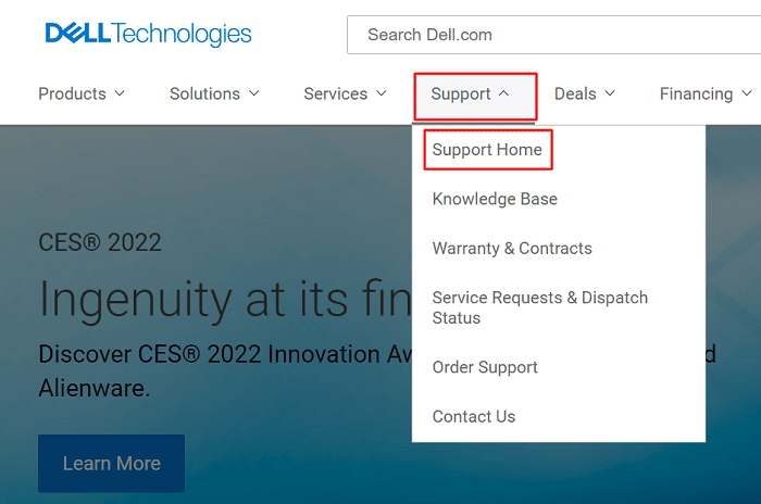Open Dell Official Website - Click on Support tab and choose Support Home