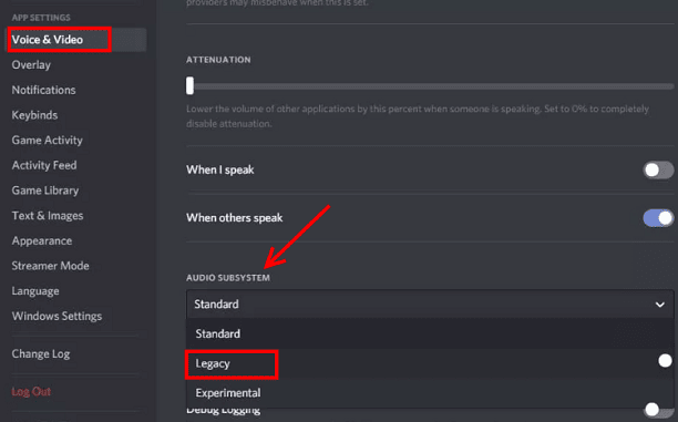 Open discord voice and video leagcy setting