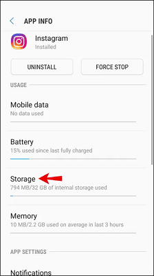 Open Instagram app info and choose Storage